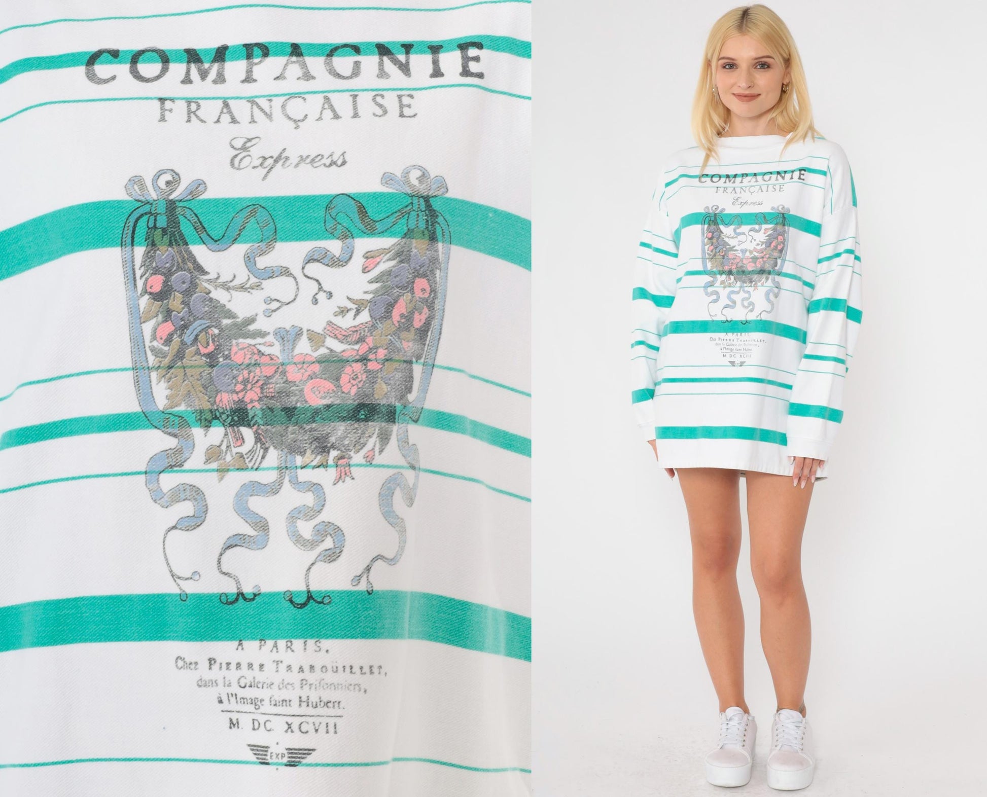90s Compagnie Française Striped Graphic Shirt Teal White Long Sleeve Medium
