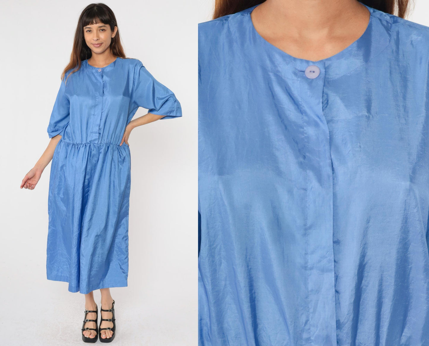 80s Ms Chaus Blue Shiny Midi Shirtdress High Waisted Button Up Medium Large
