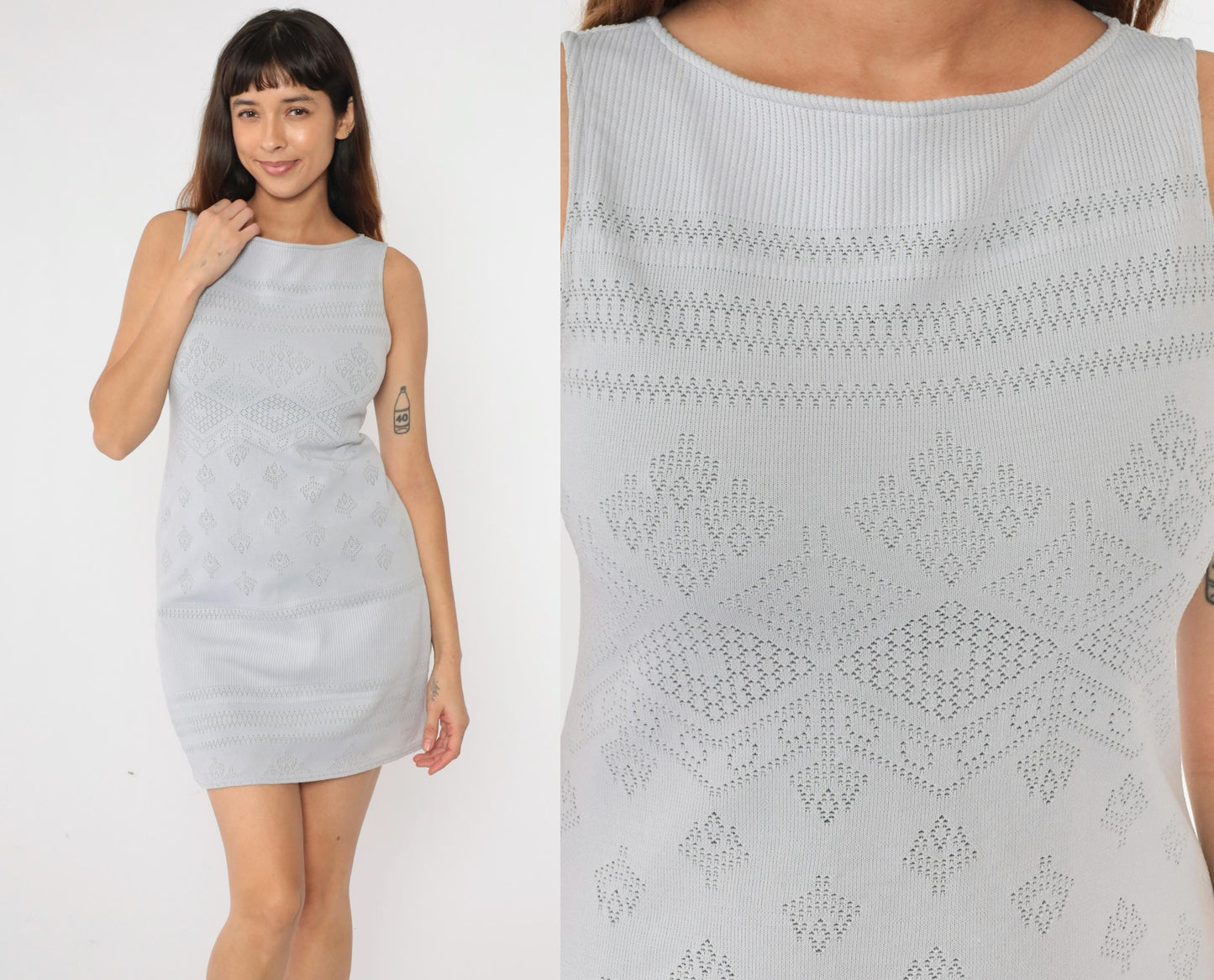 90s Gray Cutwork Mini Dress Geometric Knit Sleeveless Bodycon Small