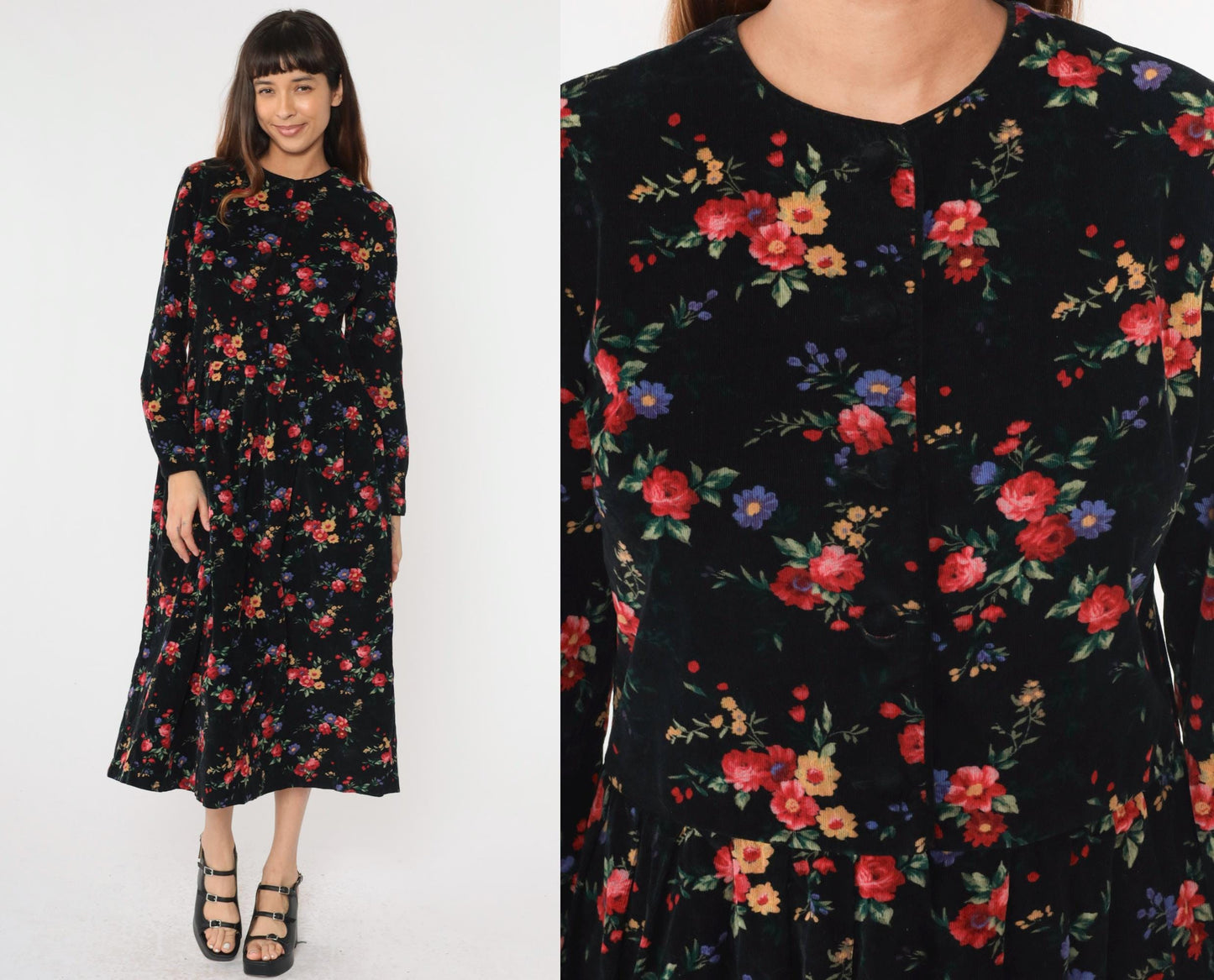 90s Talbots Floral Corduroy Midi Dress Black Button-Up High Waist Medium