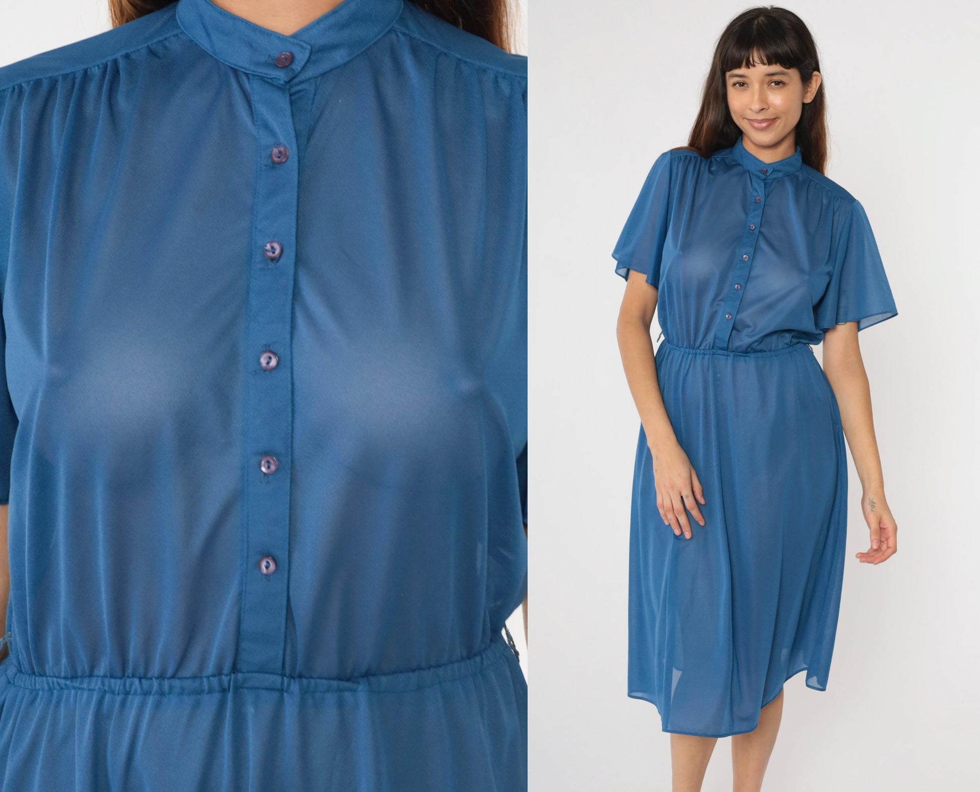 70s Blue Semi-Sheer Midi Shirtdress Flutter Sleeve Button-Up High Waisted Small Medium