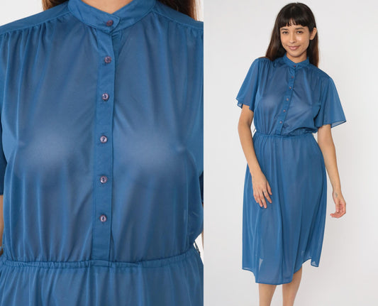 70s Blue Semi-Sheer Midi Shirtdress Flutter Sleeve Button-Up High Waisted Small Medium