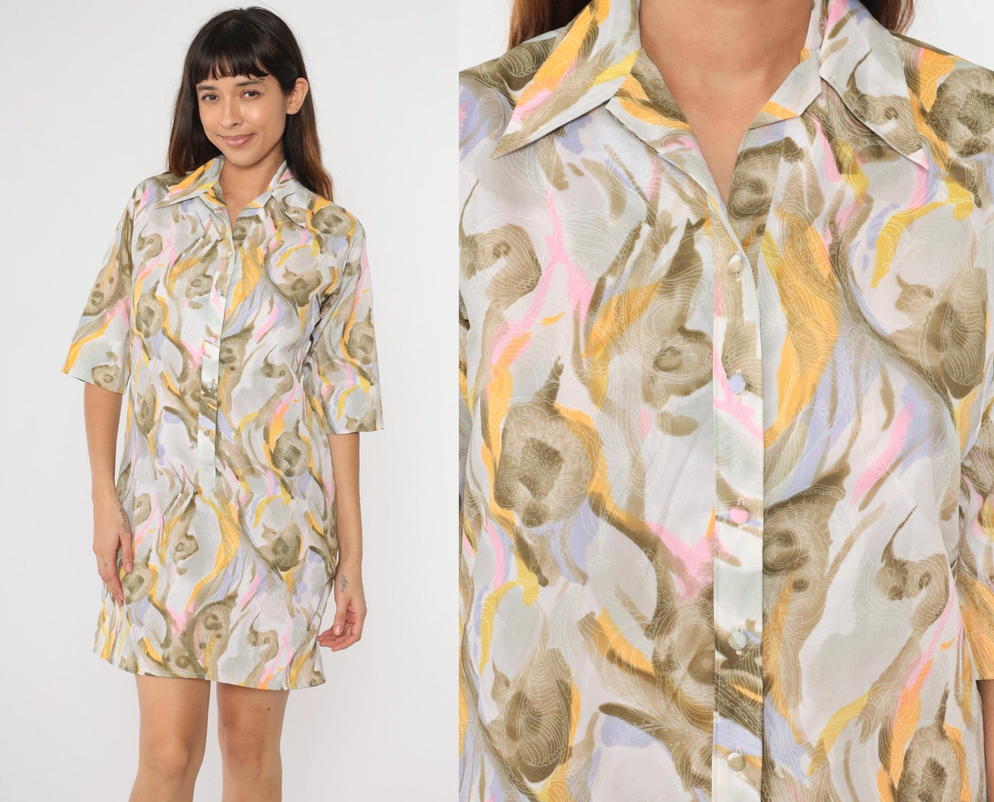 70s Lady Bayard Paisley Watercolor Mini Shirtdress Half Sleeve Grey Pink Yellow Medium