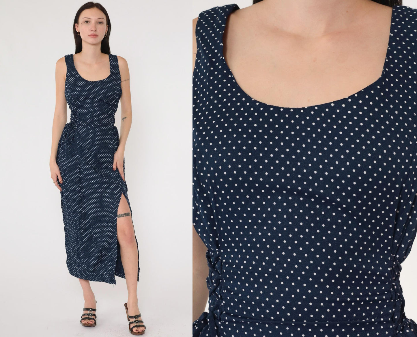 90s Navy Polka Dot Maxi Dress Sleeveless Scoop Neck Tie Waist Medium