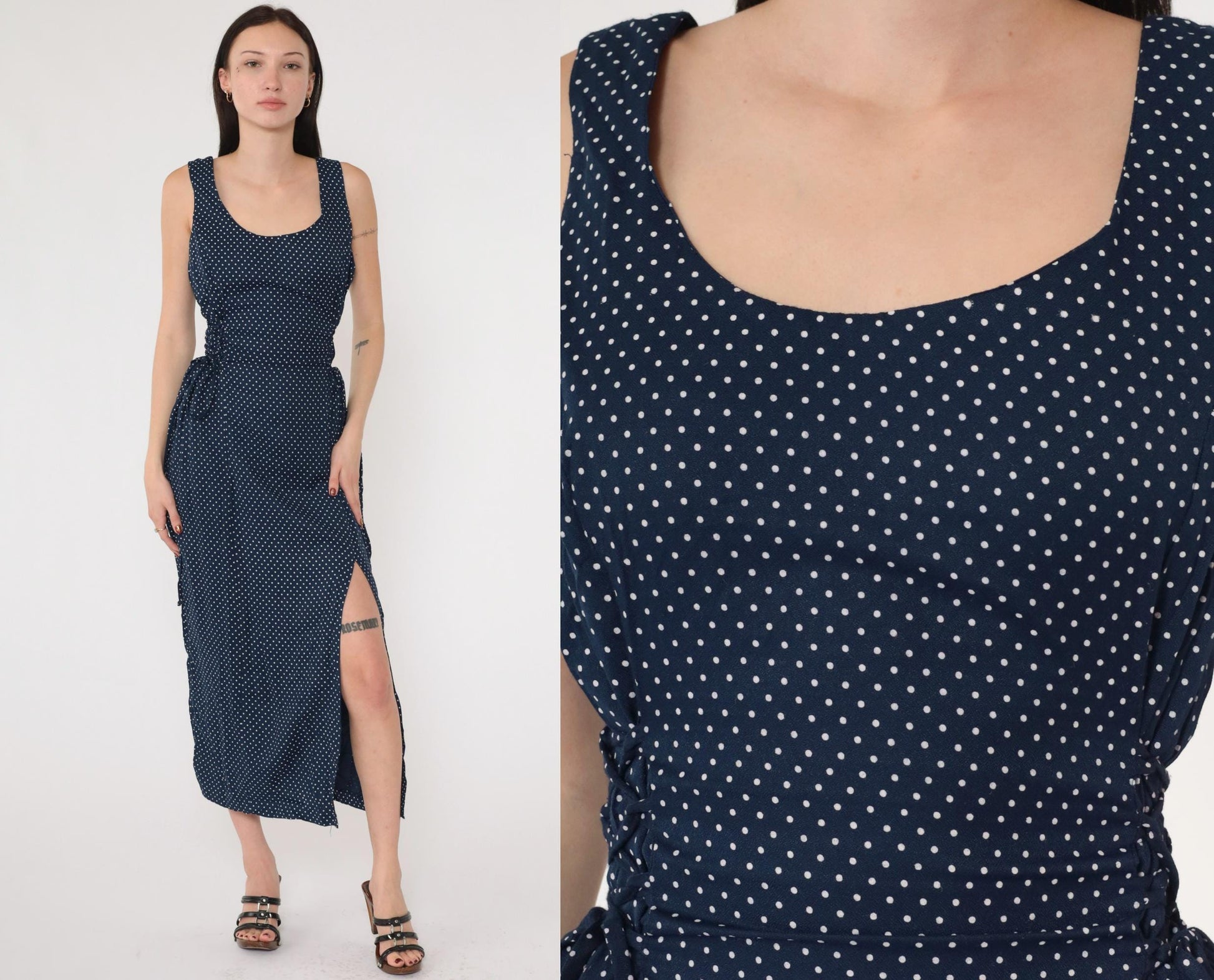 90s Navy Polka Dot Maxi Dress Sleeveless Scoop Neck Tie Waist Medium