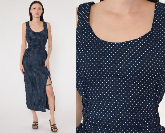 90s Navy Polka Dot Maxi Dress Sleeveless Scoop Neck Tie Waist Medium