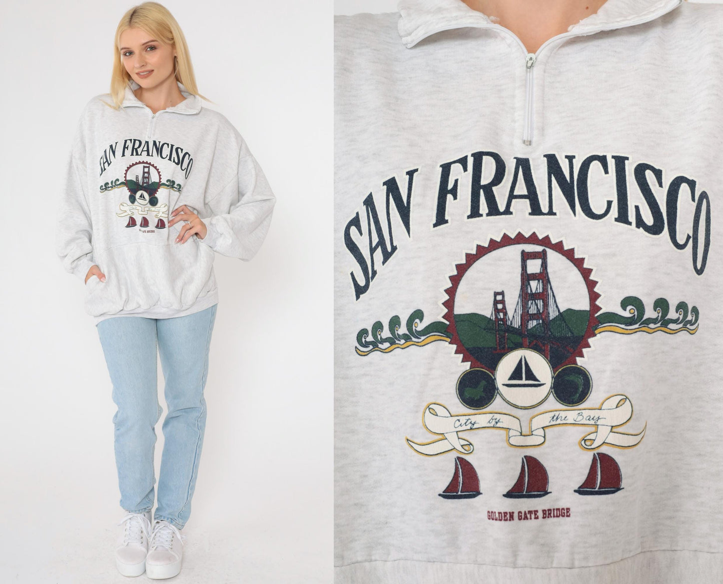 90s San Francisco Golden Gate Bridge Quarter Zip Sweatshirt Heather Grey Plus Size XXL