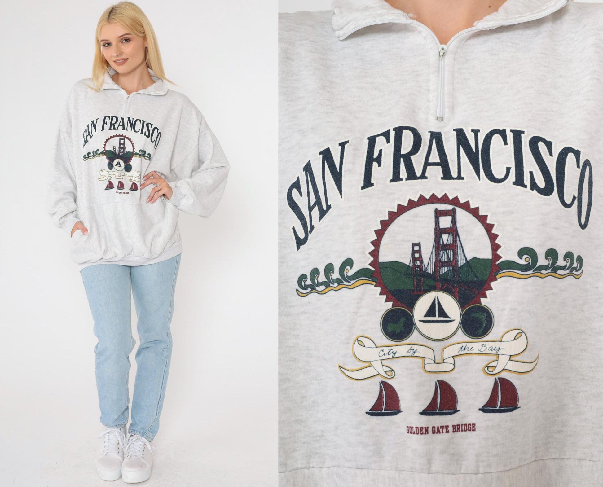 90s San Francisco Golden Gate Bridge Quarter Zip Sweatshirt Heather Grey Plus Size XXL