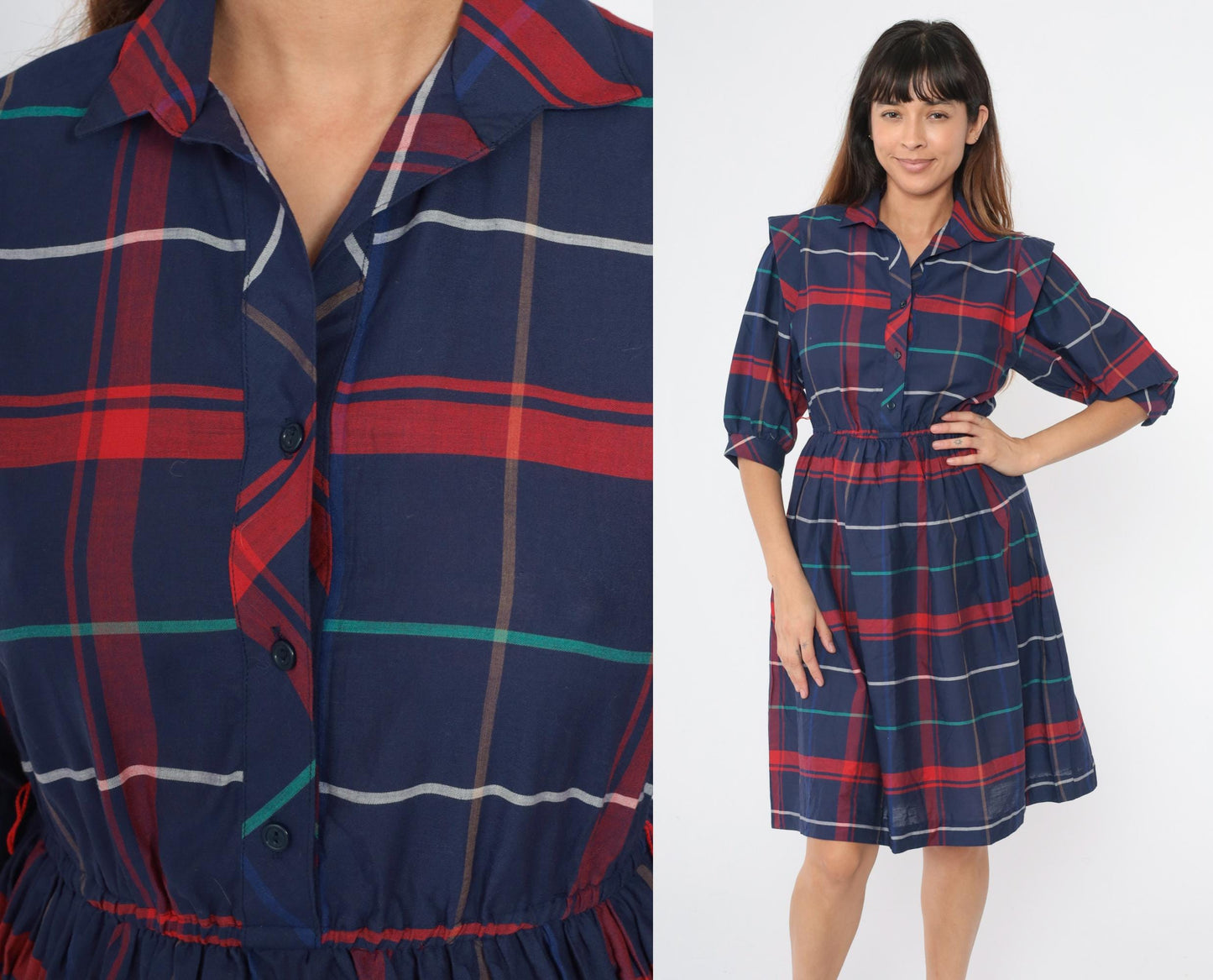 80s Dark Blue Plaid Button-Up Midi Dress High Waist Collar Half Sleeve Extra Small
