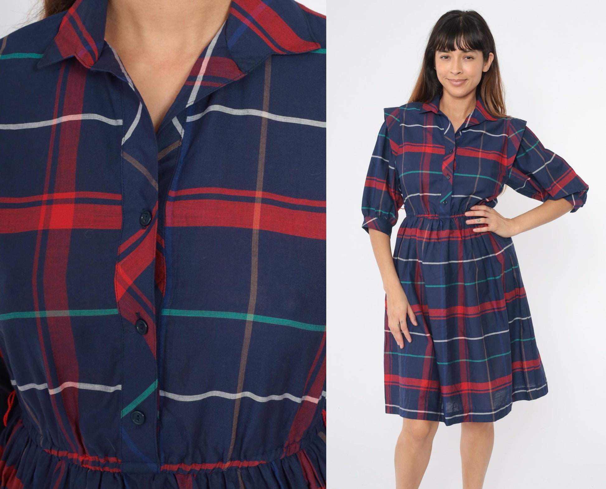 80s Dark Blue Plaid Button-Up Midi Dress High Waist Collar Half Sleeve Extra Small