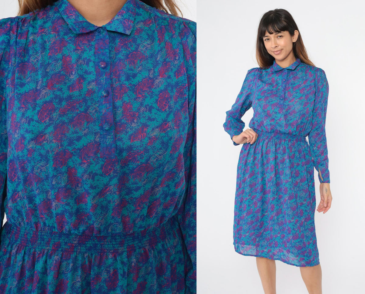 80s Abstract Leaf Print Midi Dress Puff Sleeve Button Up Turquoise Small