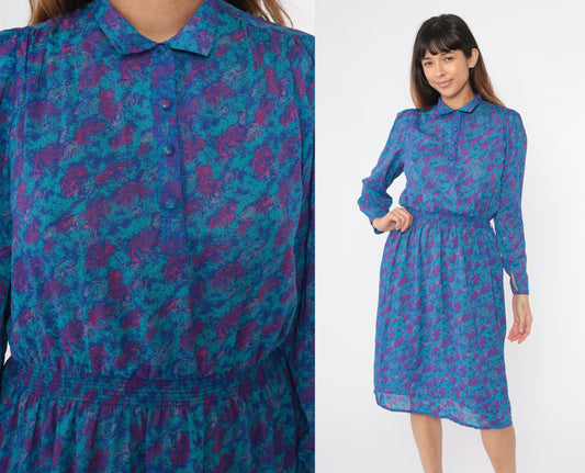 80s Abstract Leaf Print Midi Dress Puff Sleeve Button Up Turquoise Small