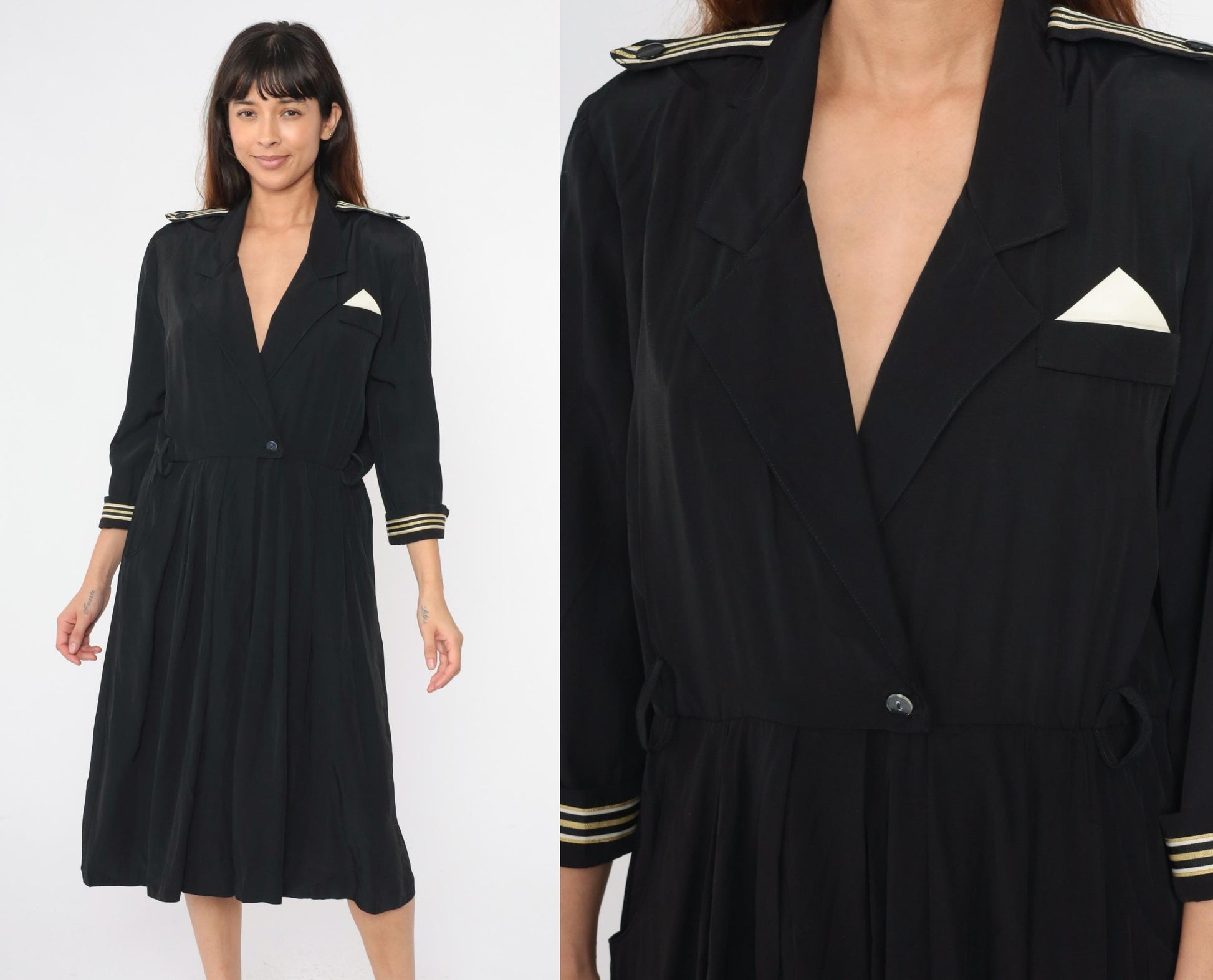 90s Black Midi Wrap Dress Gold Striped Epaulette High Waist Large
