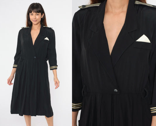 90s Black Midi Wrap Dress Gold Striped Epaulette High Waist Large