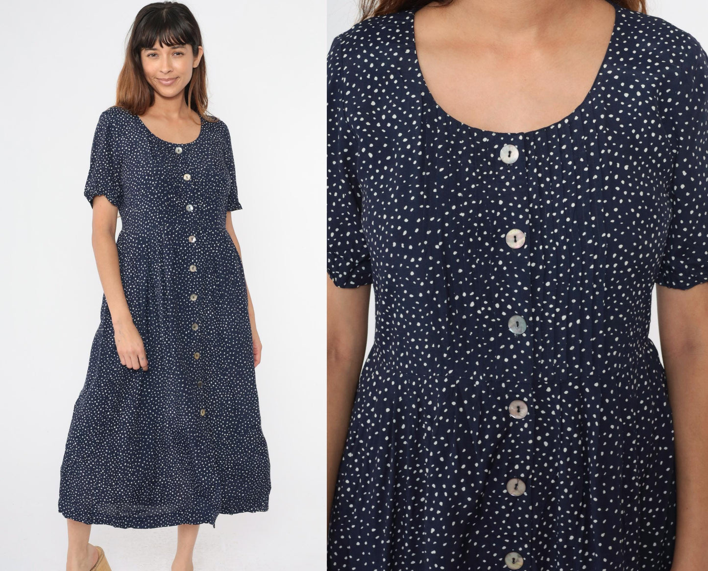 90s Karin Stevens Navy Polka Dot Midi Dress Button Up High Waist Medium 8