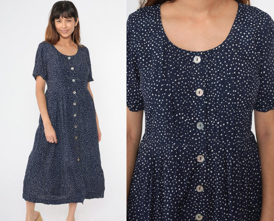90s Karin Stevens Navy Polka Dot Midi Dress Button Up High Waist Medium 8
