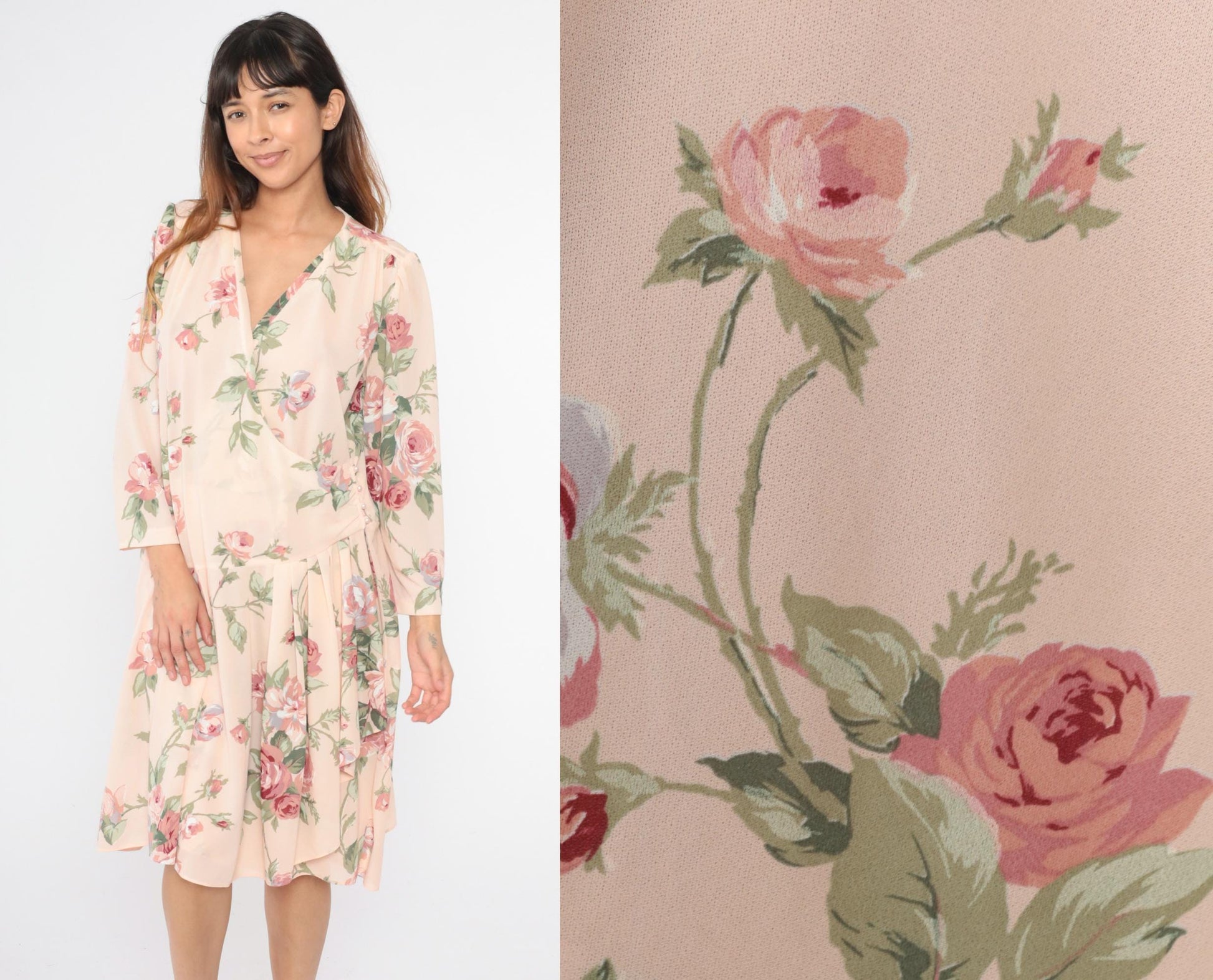 80s Pastel Pink Floral Wrap Midi Dress Drop Waist Puff Sleeve Large