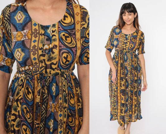 90s MintMode Geometric Horse Print Midi Dress Button Front Yellow Blue Small S