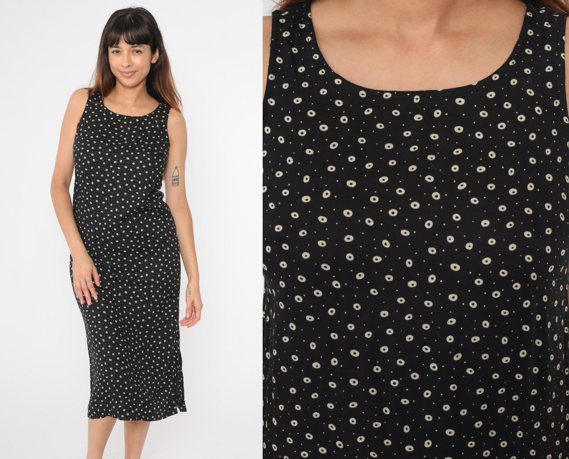 90s Teddi Dresses Black White Polka Dot Midi Sheath Sleeveless Small