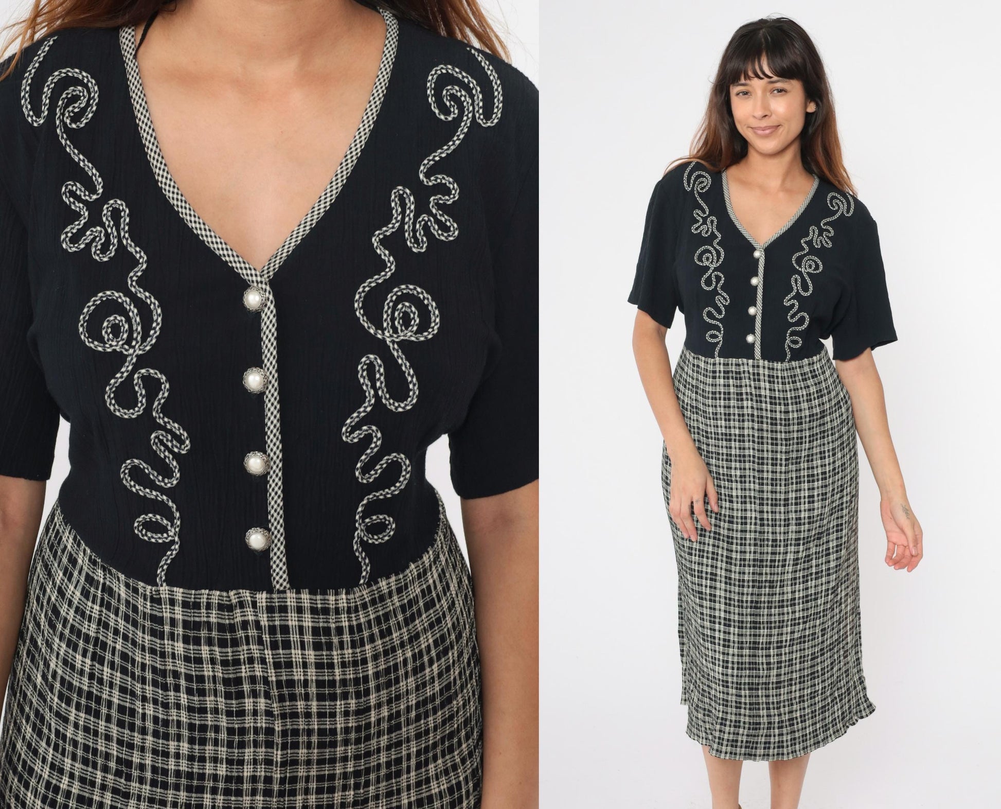 90s Black Plaid Midi Shirtdress High Waist Button Front Soutache Extra Large
