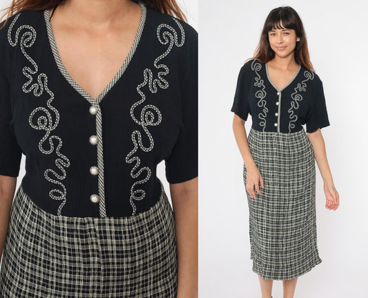 90s Black Plaid Midi Shirtdress High Waist Button Front Soutache Extra Large