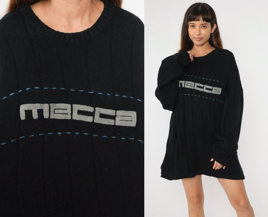 Y2K Mecca Black Logo Crewneck Sweater Ribbed Terry Cloth Pullover Extra Extra Large XXL