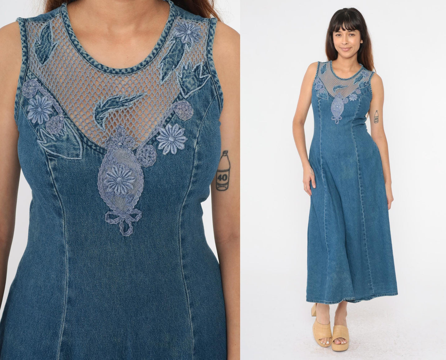 90s Styleworks Denim Dress Floral Appliqué Mesh Neckline Maxi Small
