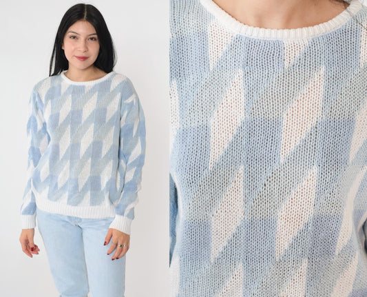 80s JH Collectibles Geometric Knit Sweater Light Blue White Crew Neck Small