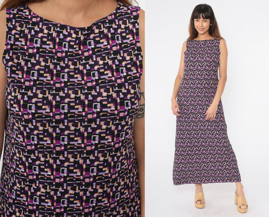 90s Purple Geometric Maxi Shift Dress Sleeveless Medium