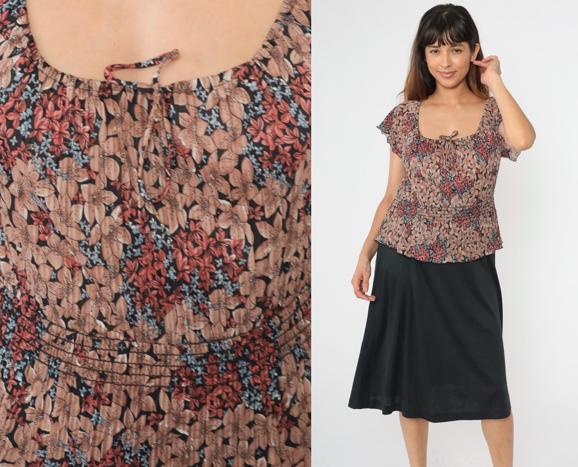 70s Floral Midi Dress Black Peplum Smocked Waist Flutter Sleeve Large