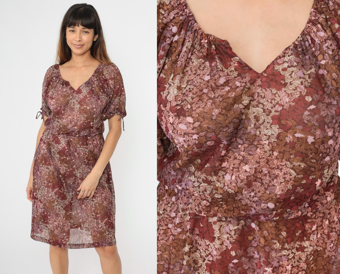 70s Floral Peasant Midi Dress High Waist Puff Sleeve Burgundy Pink Small