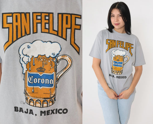 90s San Felipe Mexico Beer Graphic T-Shirt Grey Single Stitch Medium