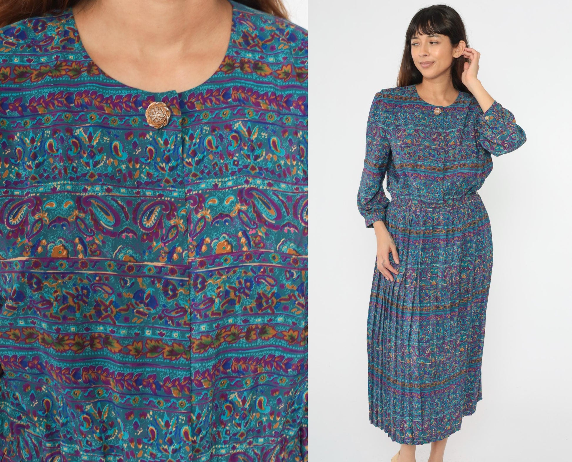 80s Blue Paisley Striped Midi Dress Puff Sleeve High Waisted Button Up Medium