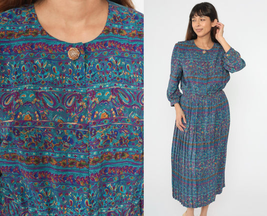 80s Blue Paisley Striped Midi Dress Puff Sleeve High Waisted Button Up Medium