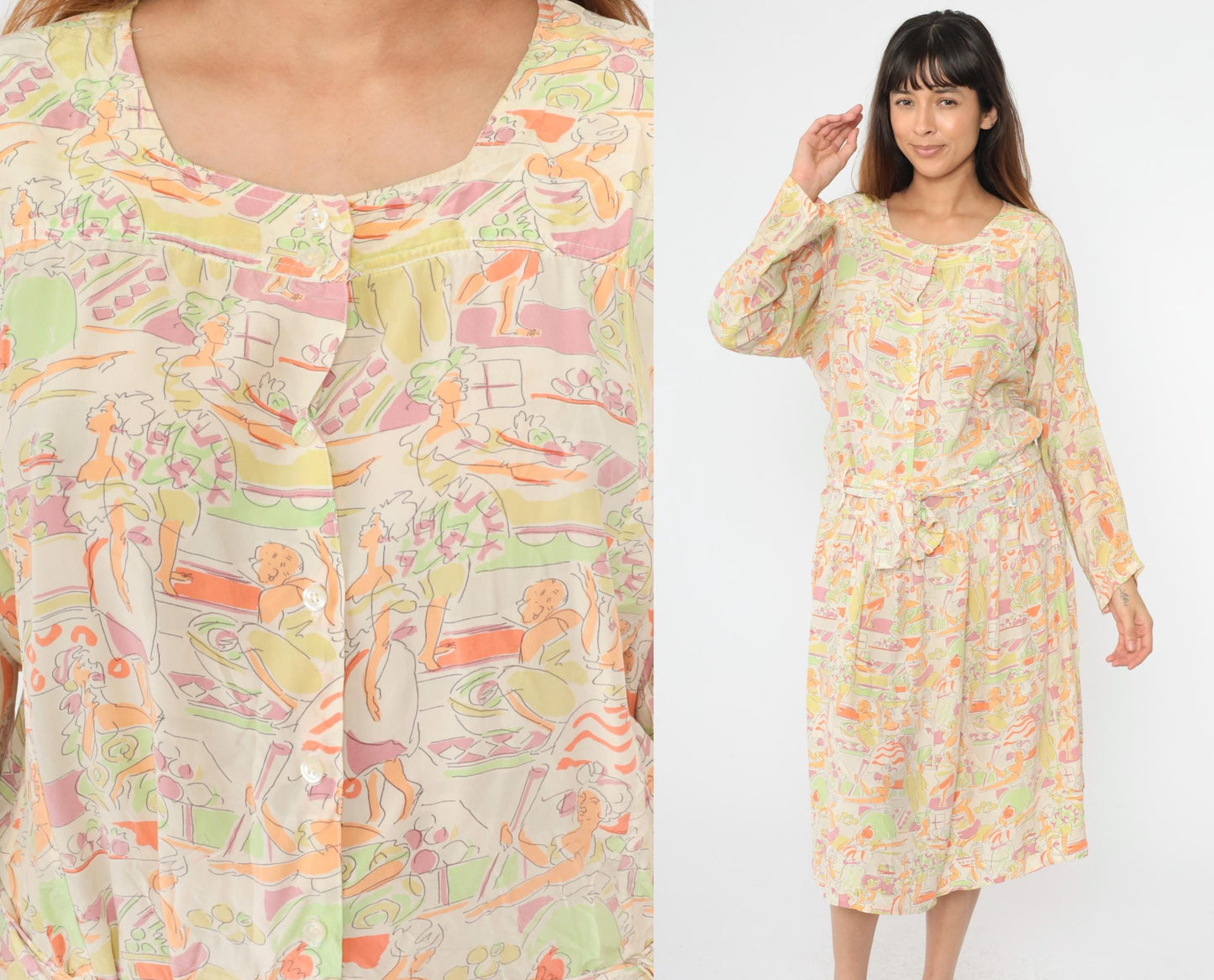 90s Hyper New York Silk Midi Dress Abstract People Print Pastel Medium M