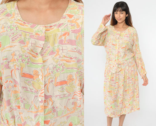 90s Hyper New York Silk Midi Dress Abstract People Print Pastel Medium M