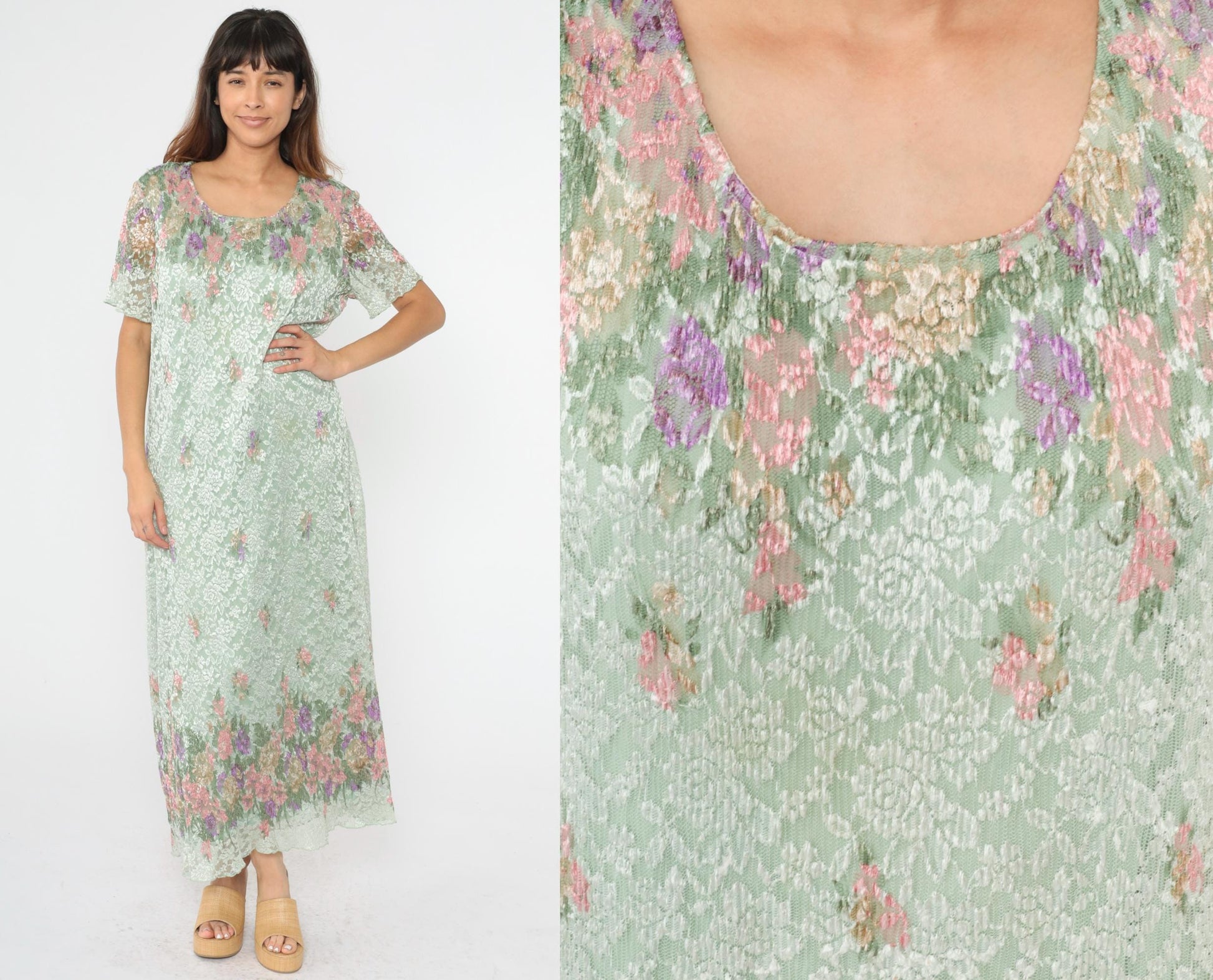90s Shar Ade of California Pastel Green Floral Lace Maxi Dress Plus Size XXL
