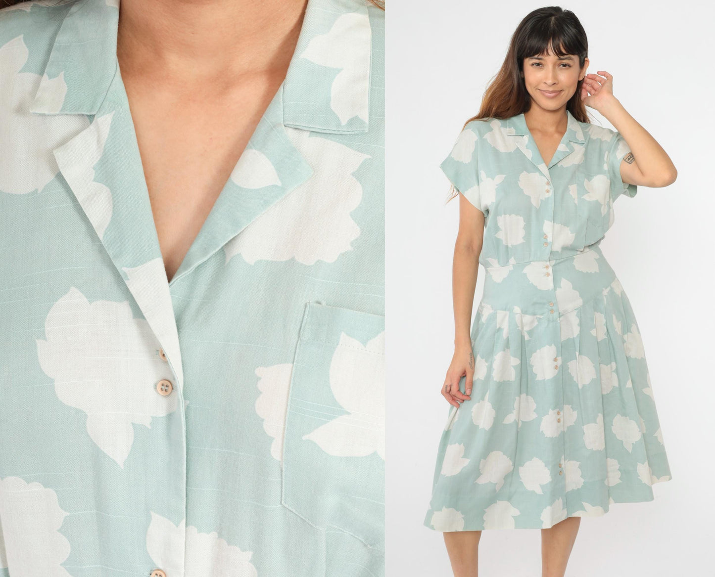 80s Seafoam Floral Midi Dress Button-Up Collared Short Sleeve Small Medium
