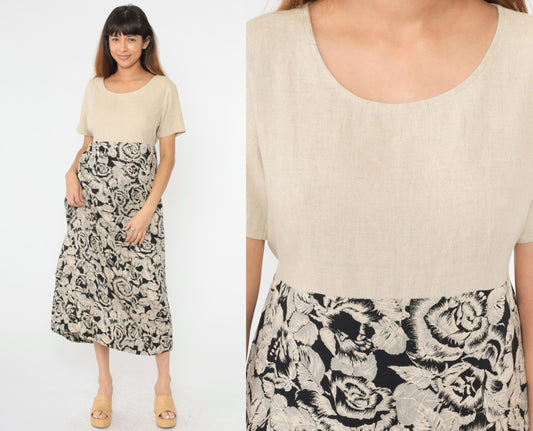 90s Floral Maxi Dress Beige Bodice High Waist Linen Rayon Large L