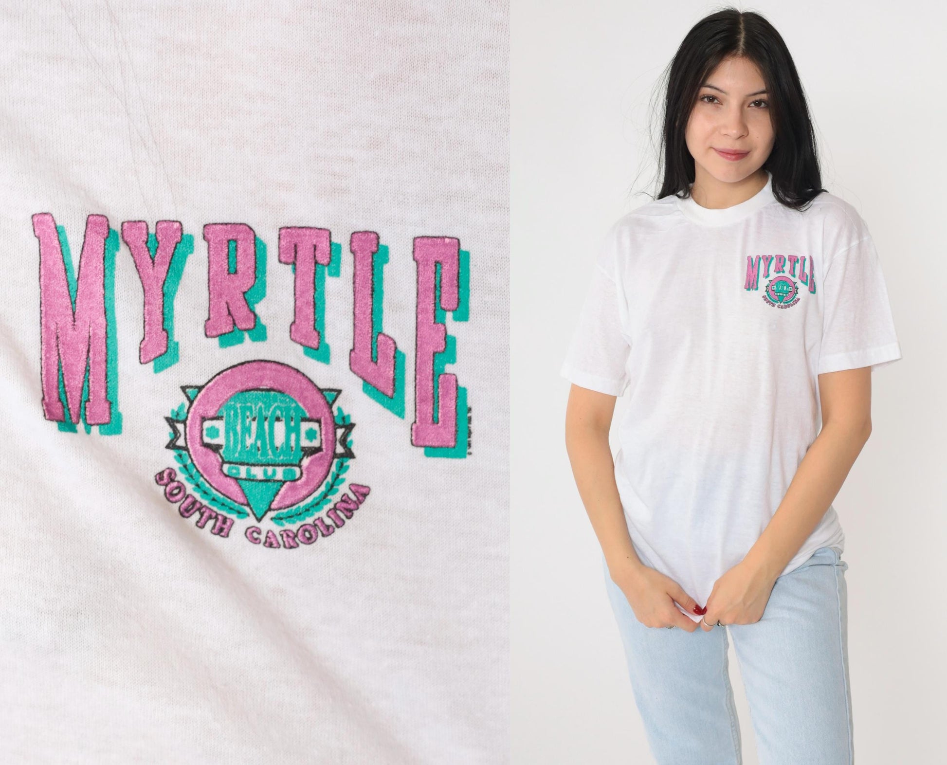 90s Myrtle Beach Graphic T-Shirt White Single Stitch Crewneck Medium