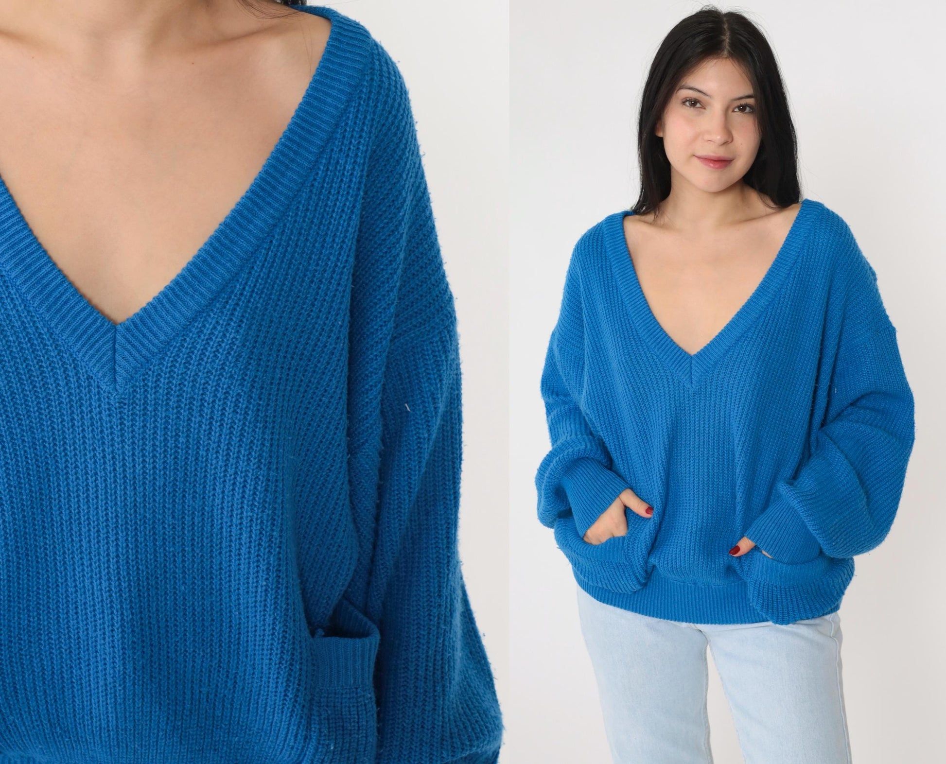80s Buggi Electric Blue V-Neck Ribbed Knit Sweater Pockets Large
