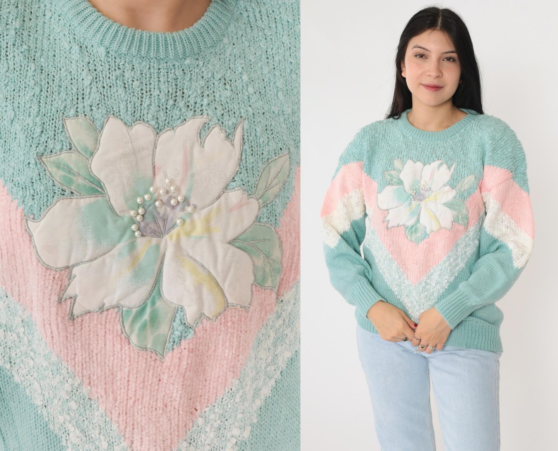 80s Jacelyn Smith Seafoam Knit Sweater Pearl Beaded Floral Chevron Medium