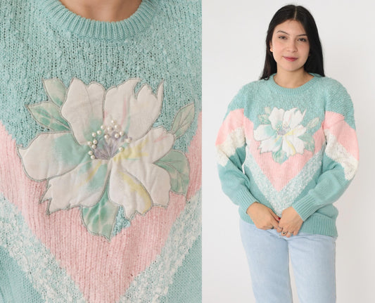 80s Jacelyn Smith Seafoam Knit Sweater Pearl Beaded Floral Chevron Medium