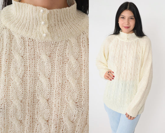 80s Miranda Cable Knit Sweater Cream Mock Neck Pearl Buttons Large L