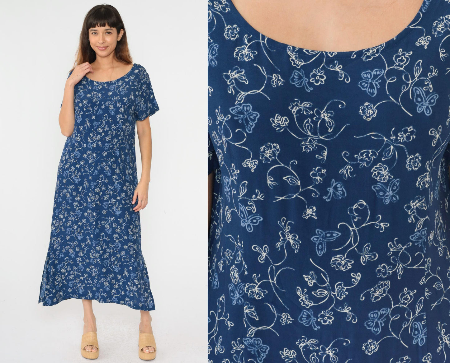 90s Erika Studio Floral Butterfly Maxi Dress Blue Ankle Length Medium