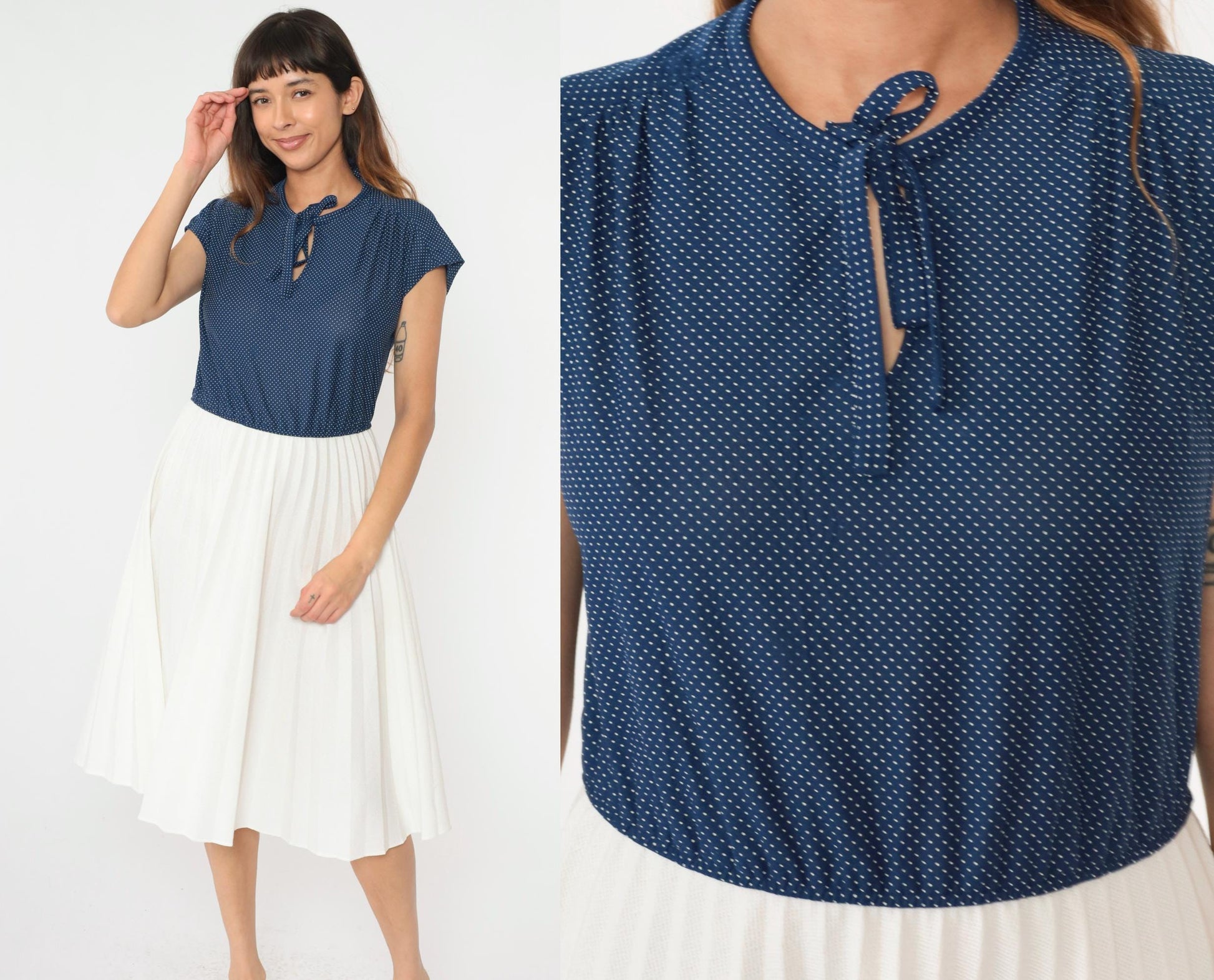 70s Polka Dot Midi Dress Blue White Keyhole Tie Neck High Waisted Medium
