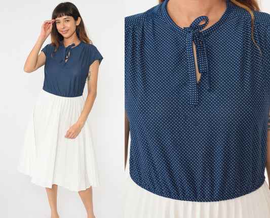 70s Polka Dot Midi Dress Blue White Keyhole Tie Neck High Waisted Medium