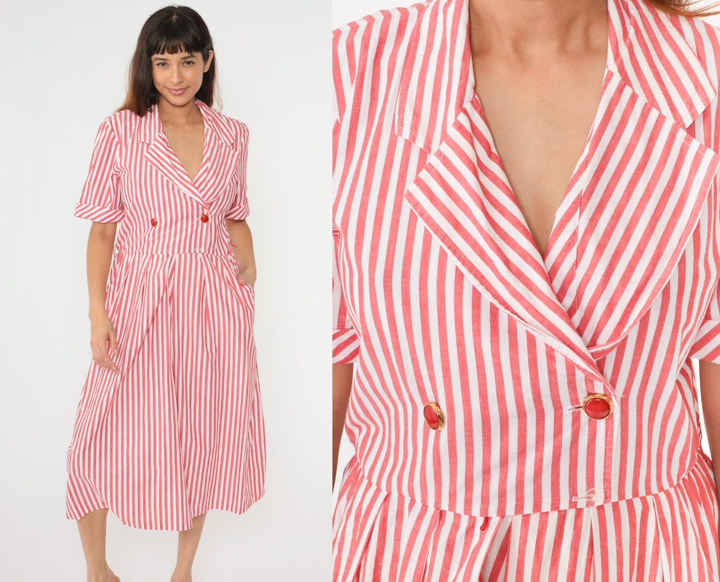 90s Red White Striped Cotton Midi Shirtdress Double Breasted High Waist Small Medium