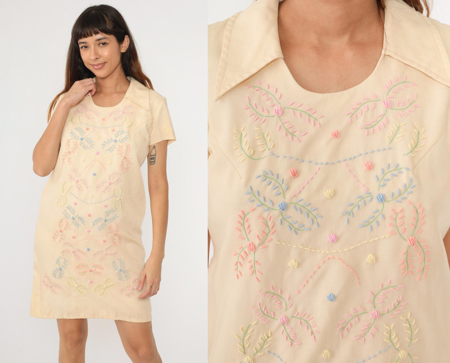 60s Embroidered Floral Shift Dress Cream Pointed Collar Mini Small S