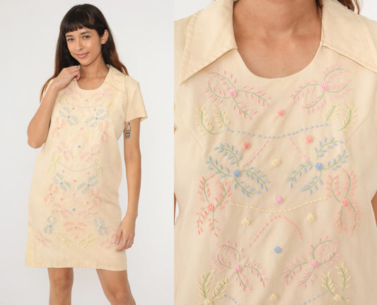 60s Embroidered Floral Shift Dress Cream Pointed Collar Mini Small S